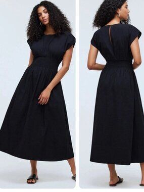 Madewell Smocked Waist Midi Dress Stripe Seersucker Linen Blend Black XS NWT